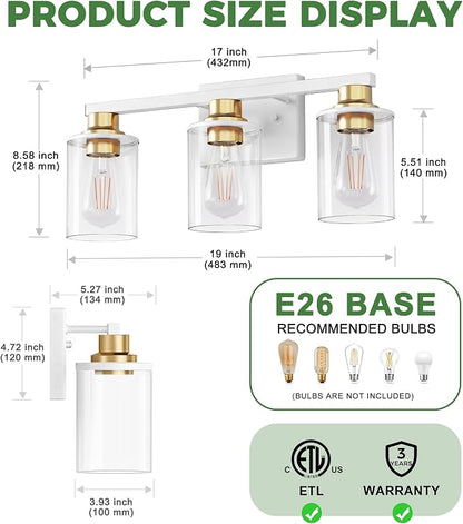 DORESshop 17 Inch 3-Light White Gold Bathroom Vanity Light | Modern White Vanity Light Fixture, Clear Glass Shade Bathroom Wall Light, Mirror Lighting for Bedroom Living Room