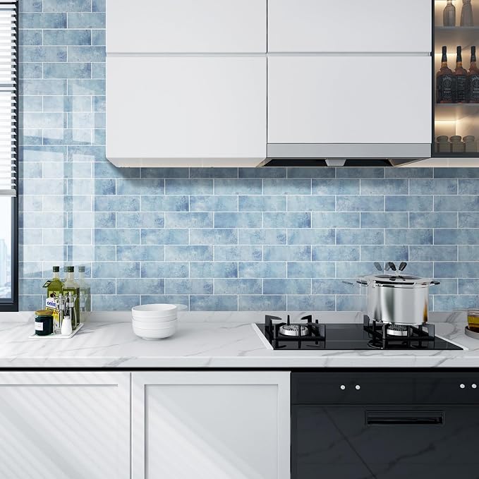 Tilingview 30 PCS Peel and Stick Backsplash Tile for Kitchen/Bathroom/Living Room, 3"x 9" Self-Adhesive Subway Tile for Backsplash, Imitation Glazed Tiles/Handmade Tiles (Glossy Sky Blue)