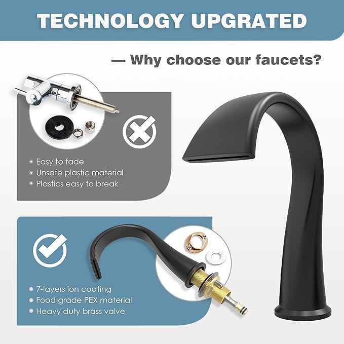 Bathroom Faucets 3 Hole Bathroom Sink Faucet with Pop Up Drain and Water Supply Hoses 8 Inch Waterfall Bathroom Faucet Two Handles for Vanity,Lavatory,Restroom,Commercial,Black