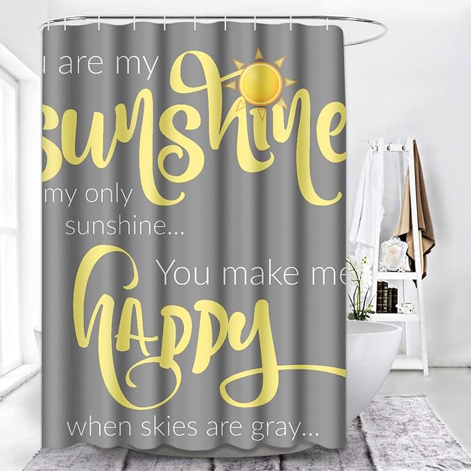 Shower Curtain for Bathroom Decor, 66 x 72 Inch, Sunshine Yellow | Quote Inspirational Gray Waterproof Polyester Fabric Shower Curtains Set with Hooks