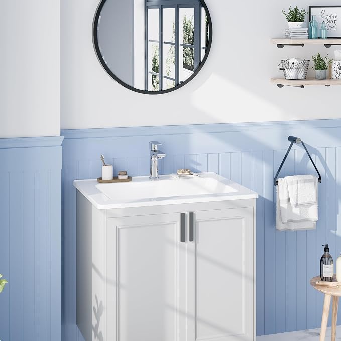 Bathroom Vessel Sink Semi-Recessed Square Ceramic Basin 21.26×17.72×6.65 inch, Single Faucet Hole Countertop Sink for Modern Bathroom Vanity, Guest Washroom and Apartment Renovation