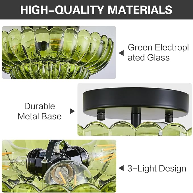 Green Glass Semi Flush Mount Ceiling Light Fixture,11.8 in,3-Lights | Flower Shape,Round Black Base,Use E26 Bulb,Support Dimmable,for Hallway,Bedroom,Bathroom,Foyer,Closet,Entryway,Laundry Room
