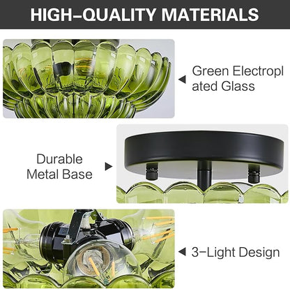 Green Glass Semi Flush Mount Ceiling Light Fixture,11.8 in,3-Lights | Flower Shape,Round Black Base,Use E26 Bulb,Support Dimmable,for Hallway,Bedroom,Bathroom,Foyer,Closet,Entryway,Laundry Room