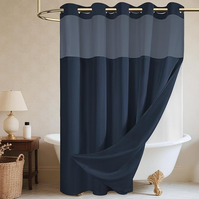 WONICY No Hook Shower Curtain with Snap-in Liner, Navy, 71 x 74 Inch | Ringless, Waterproof & Washable, Hotel Style, Mesh Top Window, Bottom Magnets, Thick, Farmhouse, for Bathroom