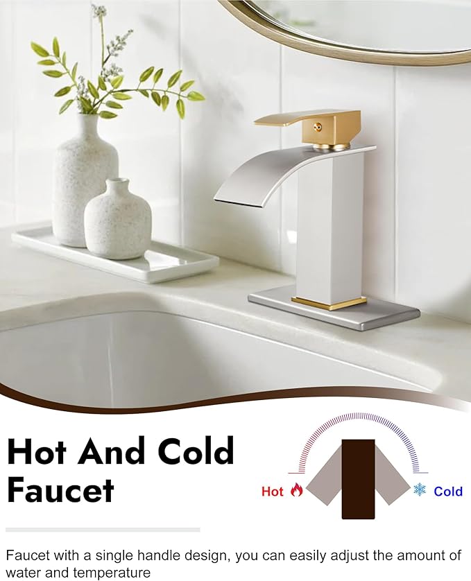Midanya Bathroom Faucet with Waterfall Spout, Single Hole or 3-Hole Deck Mount, 304 Stainless Steel Sink Faucet with Pop-Up Drain, RV Vanity Compatible,Brushed Gold Handle/Brushed Nickel