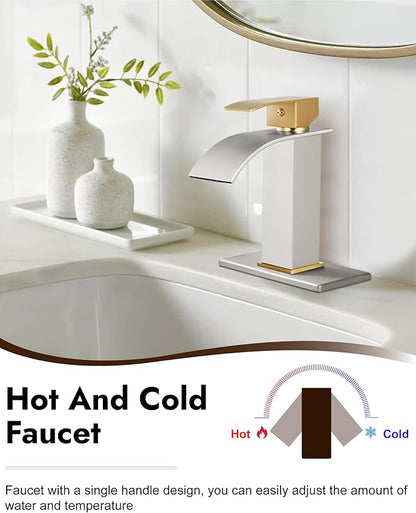 Midanya Bathroom Faucet with Waterfall Spout, Single Hole or 3-Hole Deck Mount, 304 Stainless Steel Sink Faucet with Pop-Up Drain, RV Vanity Compatible,Brushed Gold Handle/Brushed Nickel