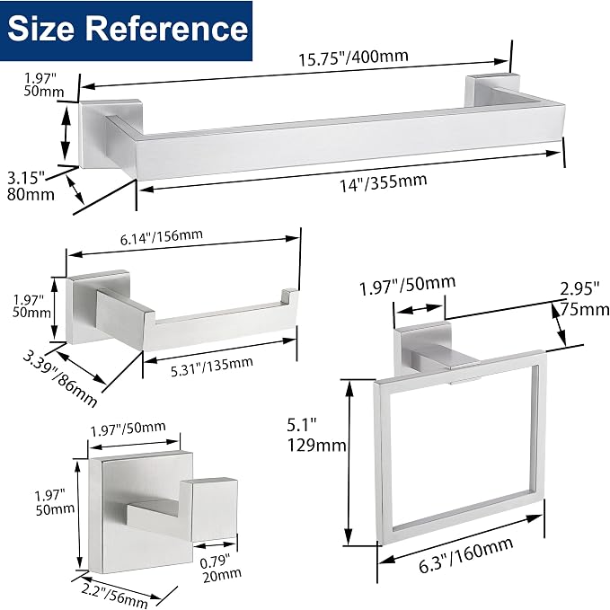 5 Pieces Bathroom Hardware Accessories Set Brushed Nickel, 16Inch Square Towel Racks Set for Bathroom, SUS304 Stainless Steel Towel Bar Set, Bath Accessories Sets Wall Mounted