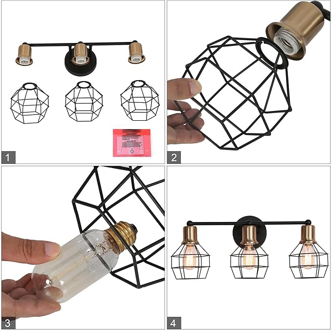 LALUZ Modern Farmhouse Mid-Century 3-Light Black and Gold Bathroom Vanity Light with Industrial Metal Cage