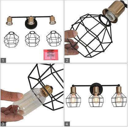 LALUZ Modern Farmhouse Mid-Century 3-Light Black and Gold Bathroom Vanity Light with Industrial Metal Cage