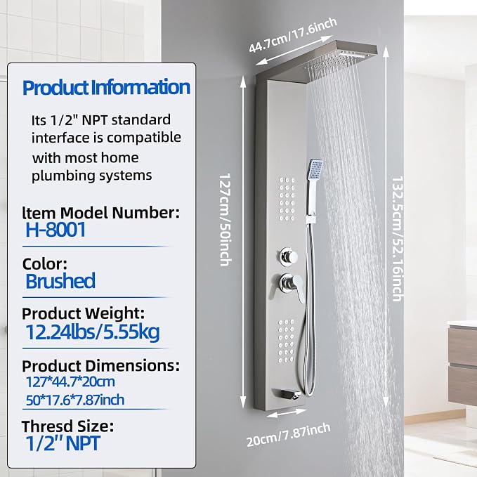 5-in-1 Shower Panel Tower System - Brushed Gray | 304 stainless steel Shower Panel Tower Column with Powerful Body Jets, Rainfall, Waterfall,Handheld and Tub Spout