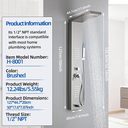 5-in-1 Shower Panel Tower System - Brushed Gray | 304 stainless steel Shower Panel Tower Column with Powerful Body Jets, Rainfall, Waterfall,Handheld and Tub Spout