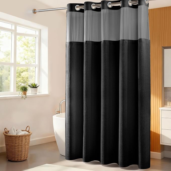 River Dream Cotton Blend Fabric Shower Curtain Set with Liner, Black, 71x86 | Waffle Weave, No Hook Needed, with Snap in Replacement Liner, Top Sheer Window, Hotel Quality for Bathroom, Extra Long