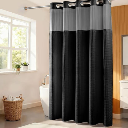 River Dream Cotton Blend Fabric Shower Curtain Set with Liner, Black, 71x86 | Waffle Weave, No Hook Needed, with Snap in Replacement Liner, Top Sheer Window, Hotel Quality for Bathroom, Extra Long