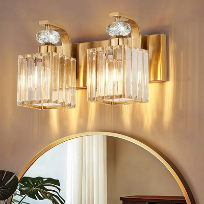 Modern Bathroom Vanity Light, 2-Light Gold Bathroom Lighting Fixtures Over Mirror, 12.6" Crystal Wall Light Sconce for Bathroom/Bedroom/Vanity, Includes LED Bulbs, Easy Installation