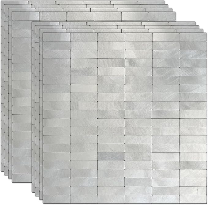 XUANINY Peel and Stick Tile Backsplash Wall Tiles, Frosted Silver, 8-Pack | Self-Adhesive, Easy to Install, Aluminum Mosaic Sticker, For Kitchen, 11.33"x11.92" Per Sheet