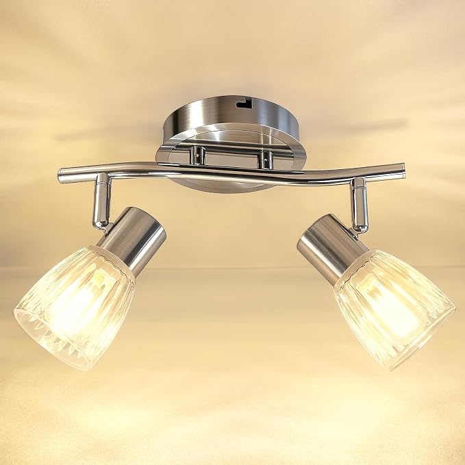 HiBay 2-Light Track Lighting, Directional Ceiling Light Fixture | with Glass Shades, Modern Chrome Spotlight Indoor for Kitchen, Bedroom, Living Room, E12 Base, No Bulbs