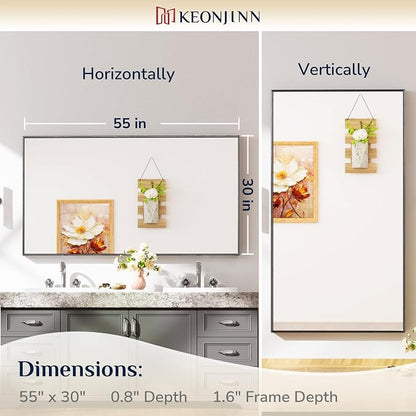 Keonjinn 55x30 Inch Black Bathroom Mirror for Over Sink, Aluminum Alloy | HD Tempered Glass, Vanity Mirror, Brushed Framed, Square Corner, Modern Farmhouse, Wall Mounted Mirrors, Rectangular