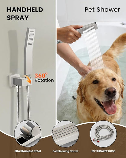 gotonovo Tub Shower Faucet Set with Valve 12'' Rain Head,Brushed Nickel | Waterfall Tub Spout Shower System,Bathtub Faucet Set,SUS304 Rain Head with Handheld,Brass Valve Trim Kit,All Metal,Wall Mount