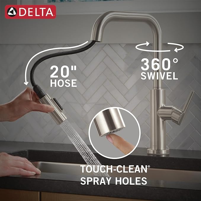 Delta Faucet Nicoli U-Spout Kitchen Faucet with Pull Down Sprayer, Brushed Nickel Kitchen Sink Faucet, Modern Kitchen Faucet, Single Hole Kitchen Faucet, Stainless Steel 19868LF-SS
