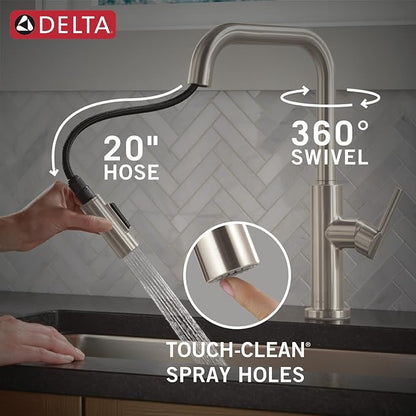 Delta Faucet Nicoli U-Spout Kitchen Faucet with Pull Down Sprayer, Brushed Nickel Kitchen Sink Faucet, Modern Kitchen Faucet, Single Hole Kitchen Faucet, Stainless Steel 19868LF-SS