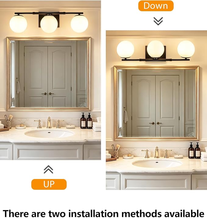 Bathroom Vanity Light Brushed Black 3T Wall Sconce for Mirror | Modern fixture Globe Glass Shade brightness, elivers even brightness. Sturdy metal resists rust. Dresser Bathroom over Mirror