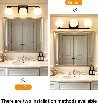 Bathroom Vanity Light Brushed Black 3T Wall Sconce for Mirror | Modern fixture Globe Glass Shade brightness, elivers even brightness. Sturdy metal resists rust. Dresser Bathroom over Mirror