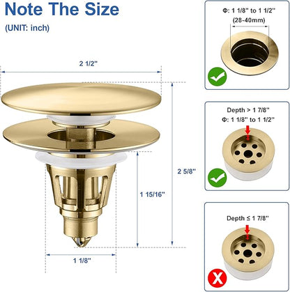 Universal Bathroom Sink Stopper - Pop Up Sink Drain Stopper, Push Button Flixfilter Sink Drain Stopper Replacement, Wash Basin Drain Filter Plug Anti-Clogging Basket, Brushed Gold