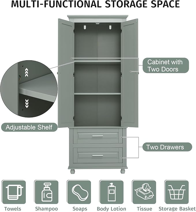 Merax 62.5" Pantry Cabinet with Two Doors & Two Drawers, Adjustable Shelves Storage Cupboard for Kitchen/Dining Room/Bathroom, Gray