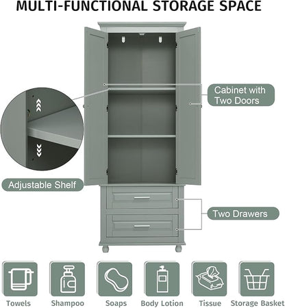 Merax 62.5" Pantry Cabinet with Two Doors & Two Drawers, Adjustable Shelves Storage Cupboard for Kitchen/Dining Room/Bathroom, Gray