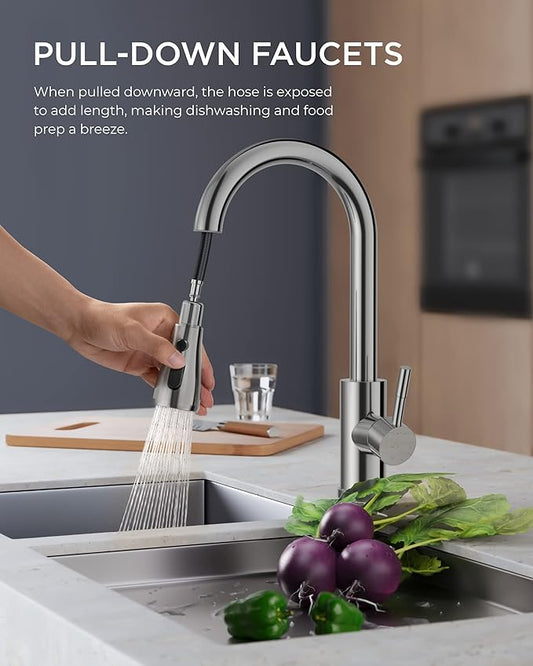 FORIOUS Kitchen Faucets with Pull Down Sprayer, Chrome, High Arc Single Handle Classic Stainless Steel Sink Faucet Pull Out for Farmhouse Camper Laundry Rv Bar