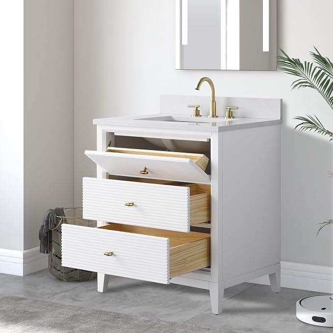 Vanity Art 30" Bathroom Vanity with Single Sink & Ceramic Top, Vanity Cabinet with Soft Closing Door, Solid Wood Frame, Golden Brushed Handles, White VA8130-W-GB