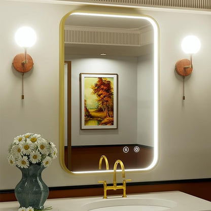 24x36 Inch Gold LED Bathroom Mirror with Lights,3000K/4500K/6000K | Stepless Dimmable, Anti-Fog, Memory Funtion, Aluminum Frame Wall Mount Lighted Bathroom Vanity Mirror, ETL Listed, Waterproof