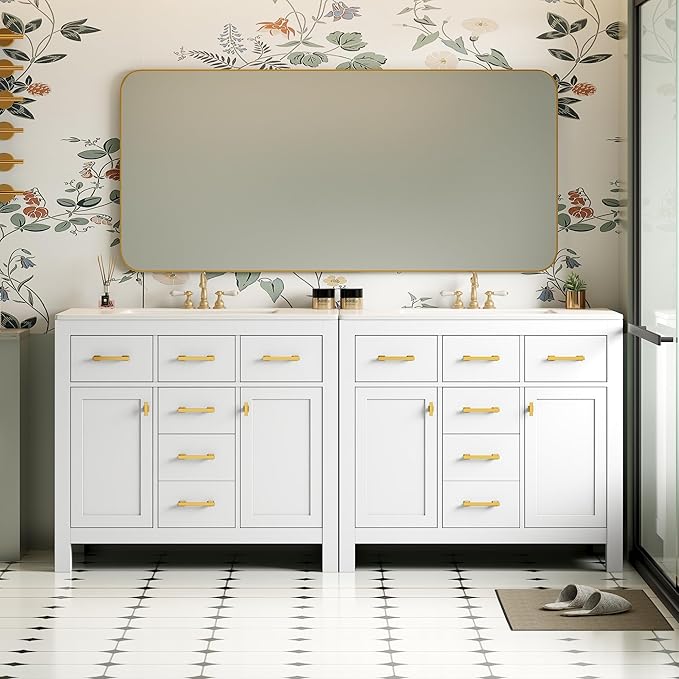 72 Inch White Bathroom Vanity with Double Sink,Modern Double Sink Vanity with 8 Drawers & 4 Cabinets,Soft Closing Doors with Gold Handles,Solid Wood Frame,Grid Front(2 * 36 Inch)