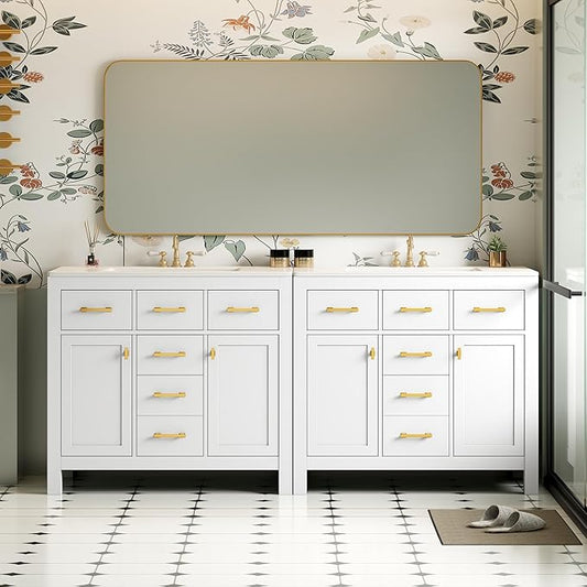 72 Inch White Bathroom Vanity with Double Sink,Modern Double Sink Vanity with 8 Drawers & 4 Cabinets,Soft Closing Doors with Gold Handles,Solid Wood Frame,Grid Front(2 * 36 Inch)