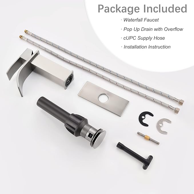 Waterfall Single Hole Bathroom Faucet, Single Handle Bathroom Sink Faucet Brushed Nickel with Pop Up Drain Assembly and Deck Plate for Sink 3 Hole Installation JXM122BN