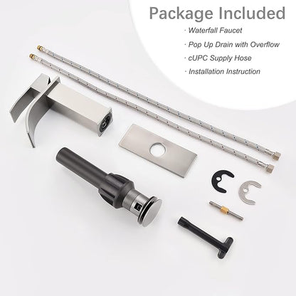Waterfall Single Hole Bathroom Faucet, Single Handle Bathroom Sink Faucet Brushed Nickel with Pop Up Drain Assembly and Deck Plate for Sink 3 Hole Installation JXM122BN
