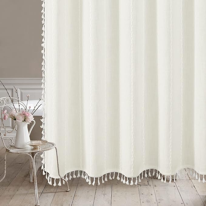 Boho Farmhouse Tassel Linen Shower Curtain,3D Embroidery Stripe Ivory,36x72 | Small Stall Half Size,310GSM Linen Texture Heavy Duty Cloth,Water Repellent,Wrinkle Resistant,Vintage Farmhouse Rustic