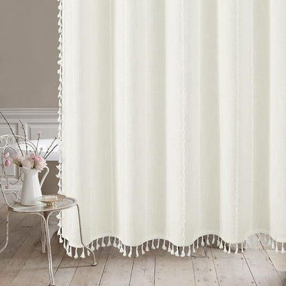 Boho Farmhouse Tassel Linen Shower Curtain,3D Embroidery Stripe Ivory,72x96 | Extra Long Xl,310GSM Striped Texture Heavy Duty Cloth,Water Repellent,Wrinkle Resistant,Vintage Farmhouse Rustic