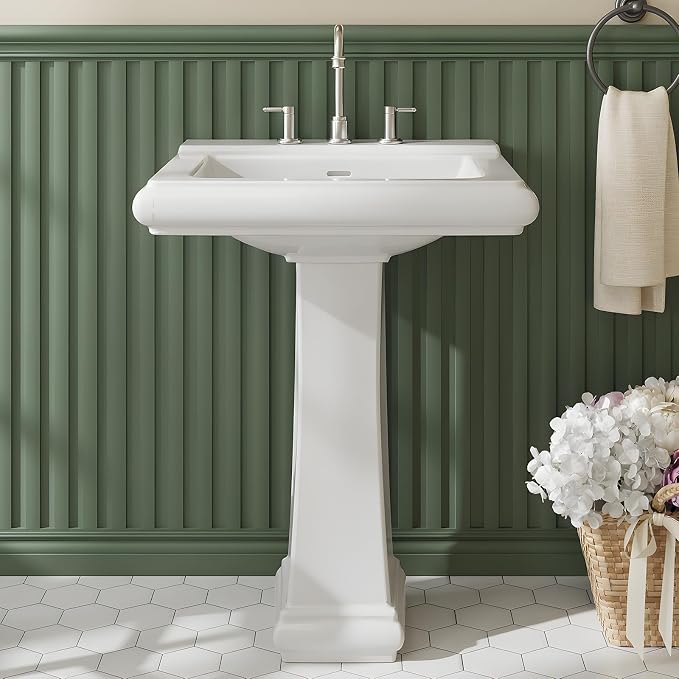 26" W X 20" D Bathroom Pedestal Sink, Rectangular White Ceramic Vanity Sink with Overflow and 3 Pre-Drilled Holes - Fits 8-Inch Faucets,Freestanding Restroom Sink Combo for Small Spaces