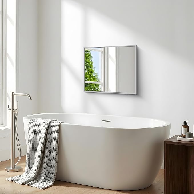 BONEWEI Silver Bathroom Mirror,20x24 inch Wall Mirror for Bathroom Wall Mounted,Rectangle Mirror for Bathroom Over Sink,Modern Metal Frame for Living Room,Bedroom Entryway,Horizontal/Vertical