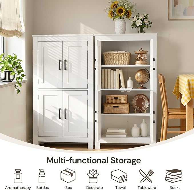 VUSIGN Bathroom Floor Cabinet, Farmhouse Storage Cabinet with 4 Doors, Adjustable Shelves, Modern Freestanding Storage Unit, Versatile Cupboard for Kitchen Living Room, Dining Room, Entryway, White