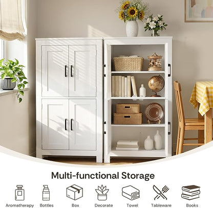 VUSIGN Bathroom Floor Cabinet, Farmhouse Storage Cabinet with 4 Doors, Adjustable Shelves, Modern Freestanding Storage Unit, Versatile Cupboard for Kitchen Living Room, Dining Room, Entryway, White
