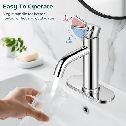 Bathroom Faucet, Single Handle Vanity Sink Faucet, Chrome | Chrome, for 1/3-Hole, Stainless Steel, Ceramic Cartridge, Pop-Up Drain, Deck Plate, For Vanity Powder Laundry