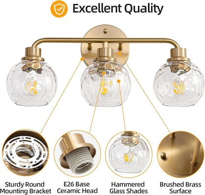 Bathroom Light Fixtures Gold Vanity Light 3 Light Brushed Brass | Wall Sconces Lighting with Hammered Globe Glass Shades Bath Wall Lamp for Mirror Living Room Bedroom Hallway