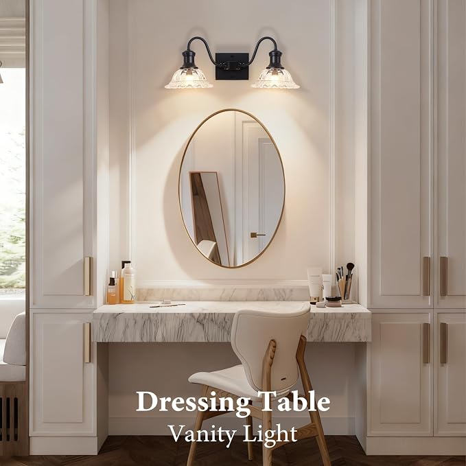 Farmhouse Vanity Lights, 2-Light Vanity Light with Clear Flower Glass Shade, Bathroom Lights Fixtures Over Mirror, Vintage Wall Sconce for Bathroom, Dressing Table