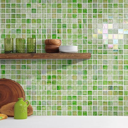 5.75 Sq.Ft Iridescent Green Glass Mosaic Tile for Bathroom, Backsplash | Waterproof Wall & Floor Tile. Heat & frost resistant outdoors, Swimming Pool, Fireplace, Restaurants, Hotels, Laundry, 10pcs.