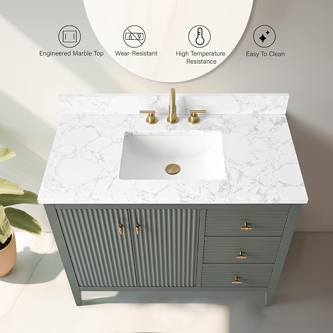 Vanity Art 42 inch Bathroom Vanity with Single Sink & Ceramic Top, Vanity Cabinet with Soft-Closing Door, Solid Wood Frame, Linear Pattern, Vintage Green, Golden Brushed Handware VA9142-VG-GB