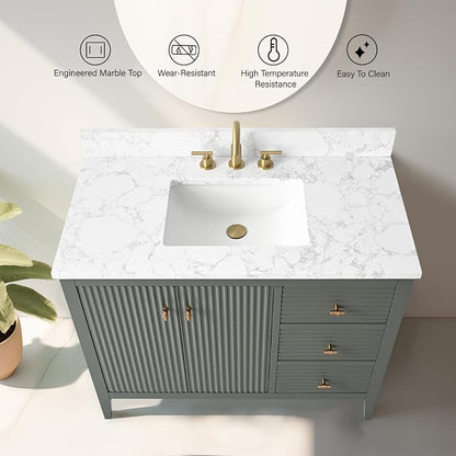 Vanity Art 42 inch Bathroom Vanity with Single Sink & Ceramic Top, Vanity Cabinet with Soft-Closing Door, Solid Wood Frame, Linear Pattern, Vintage Green, Golden Brushed Handware VA9142-VG-GB