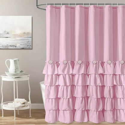 Seasonwood Pink Ruffle Shower Curtain Farmhouse Shower Curtain 72 X 72 | Natural button accents, layered fabric tiers, shabby chic and French country styling for decorative bathroom updates