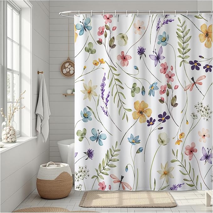Wildflowers Shower Curtain, Watercolor Bright Floral and Plant Leaf Pattern, Waterproof Polyester Fabric Shower Curtains Sets with Hooks for Bathroom 72x72 Inches